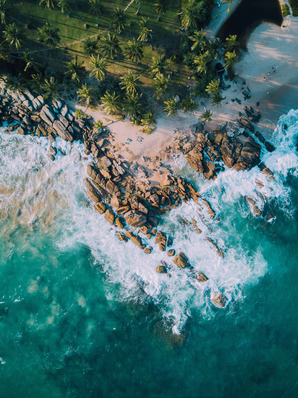 Turquoise surf breaking on dark rocks and a palm-fringed cove, seen from above